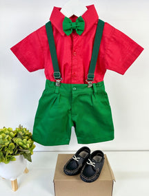 Conjunto Miss Cherry Henry Camisa Vermelha Suspensorio Verde - Estilo Delicado para o Dia a Dia | Bebeloo Kids