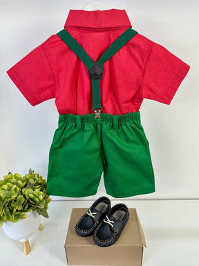 Conjunto Miss Cherry Henry Camisa Vermelha Suspensorio Verde - Estilo Delicado para o Dia a Dia | Bebeloo Kids