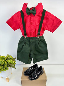Conjunto Miss Cherry Henry Vermelho Suspensorio Verde Militar - Estilo Delicado para o Dia a Dia | Bebeloo Kids