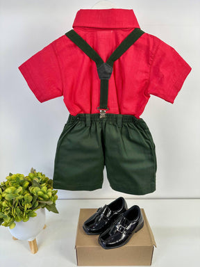Conjunto Miss Cherry Henry Vermelho Suspensorio Verde Militar - Estilo Delicado para o Dia a Dia | Bebeloo Kids