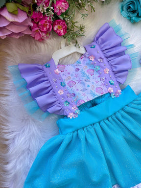 Romper/Vestido Princesa Sereia - Fundo do Mar Lilas e Tiffany - Leveza e Elegância para Meninas | Bebeloo Kids