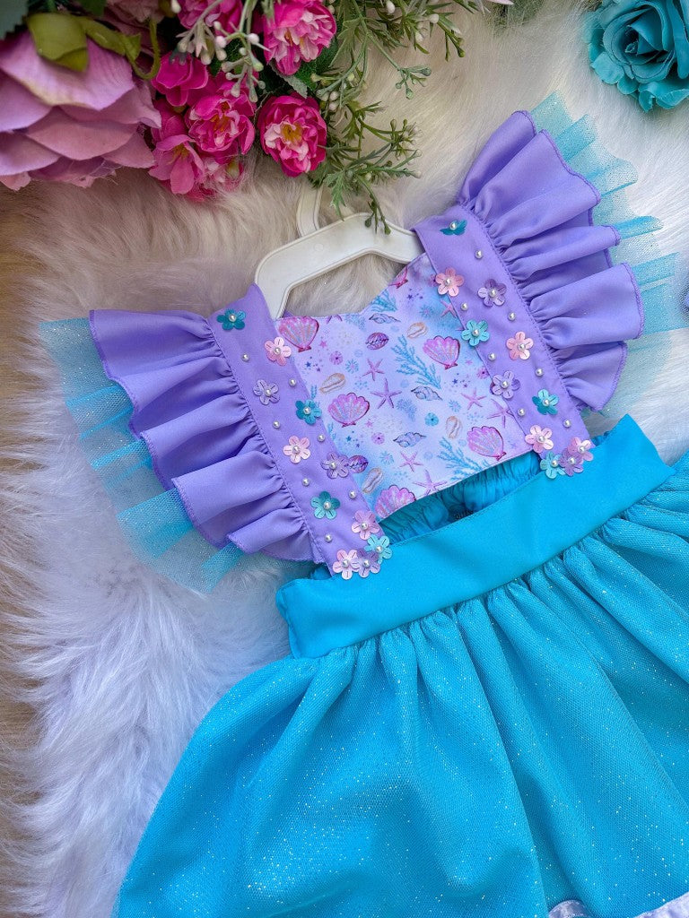 Romper/Vestido Princesa Sereia - Fundo do Mar Lilas e Tiffany - Leveza e Elegância para Meninas | Bebeloo Kids