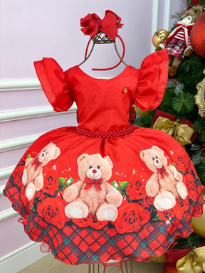 Vestido Banana Club Vermelho Ursinho Flores Natal - Leveza e Elegância para Meninas | Bebeloo Kids