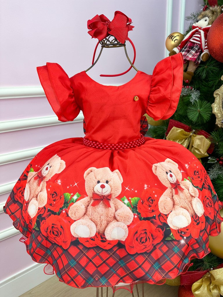 Vestido Banana Club Vermelho Ursinho Flores Natal - Leveza e Elegância para Meninas | Bebeloo Kids