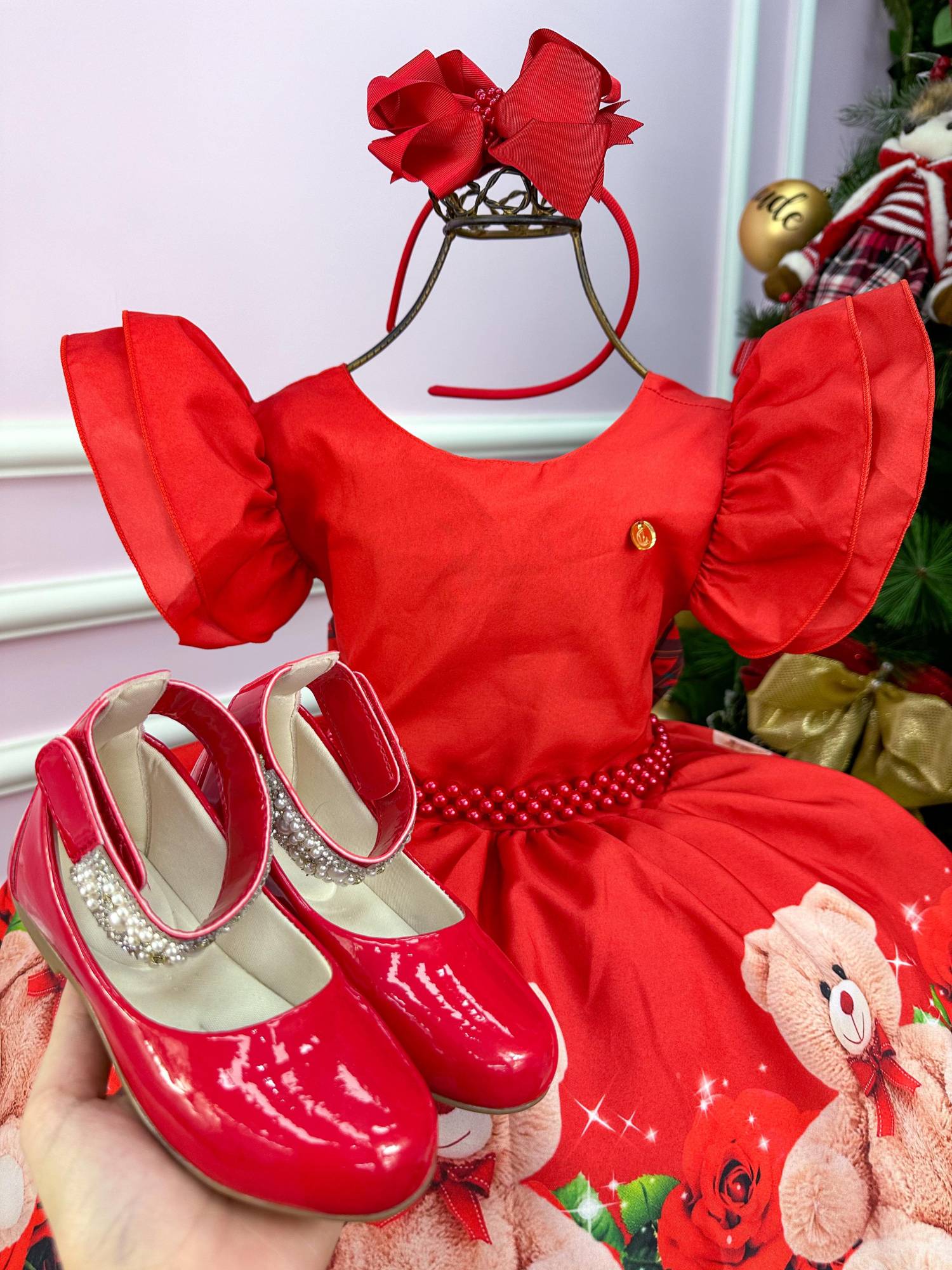 Vestido Banana Club Vermelho Ursinho Flores Natal - Leveza e Elegância para Meninas | Bebeloo Kids