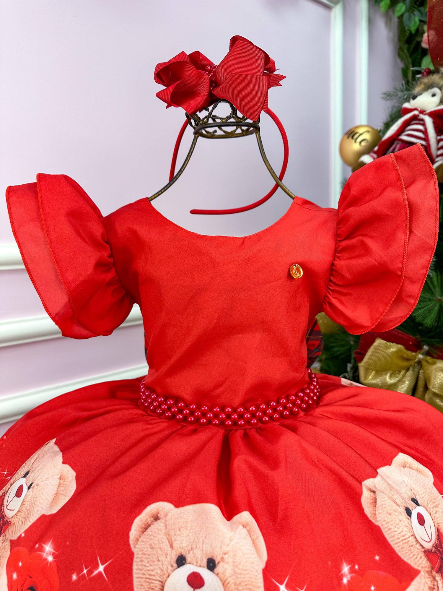Vestido Banana Club Vermelho Ursinho Flores Natal - Leveza e Elegância para Meninas | Bebeloo Kids