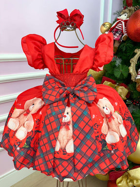 Vestido Banana Club Vermelho Ursinho Flores Natal - Leveza e Elegância para Meninas | Bebeloo Kids
