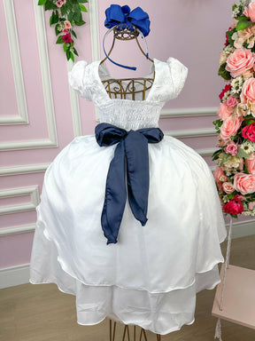 Vestido Lorenzetti Longo Branco Peito Rendado Cinto Azul Marinho - Detalhe que Faz a Diferença | Bebeloo Kids