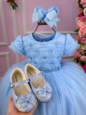 Vestido Menina Bonita Azul Bebe Florzinha Peito Tule