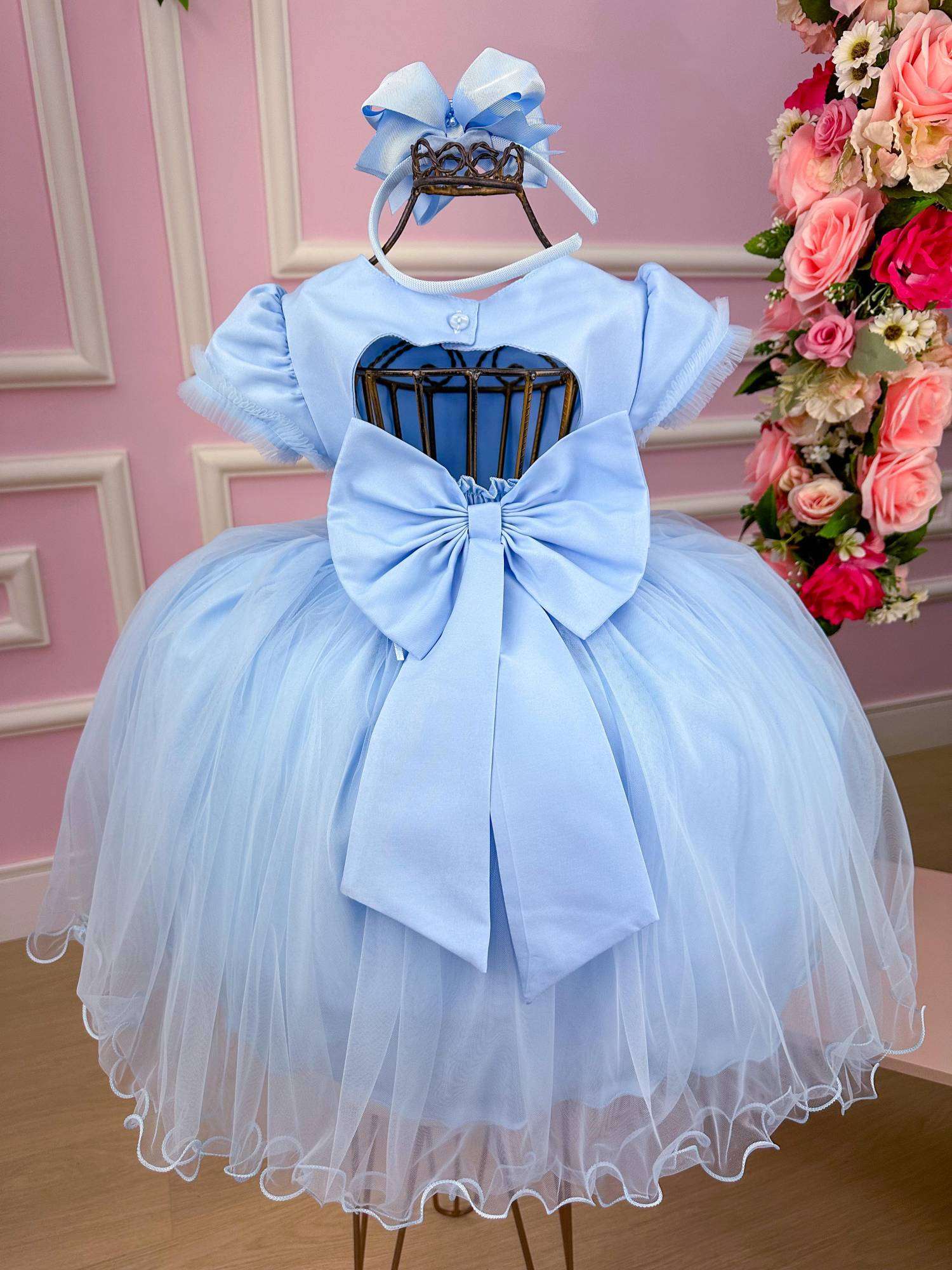 Vestido Menina Bonita Azul Bebe Florzinha Peito Tule