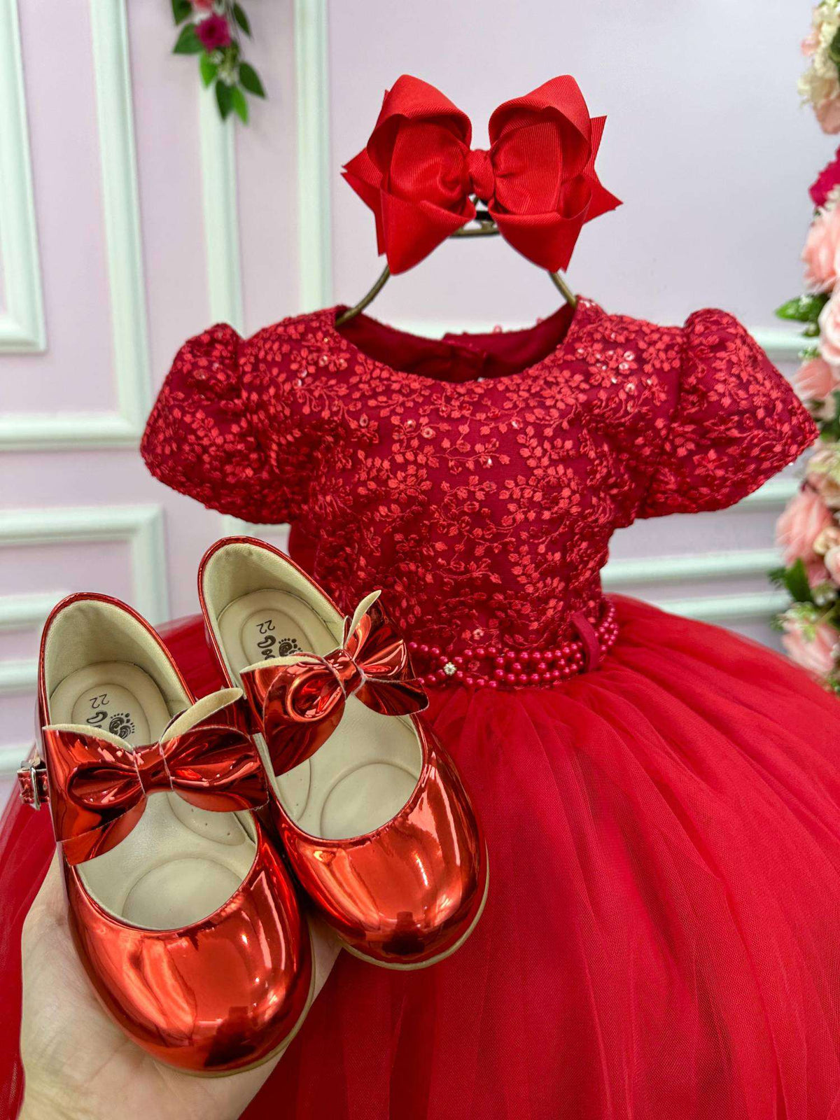 Vestido Menina Bonita Vermelho Peito Rendado Florzinha