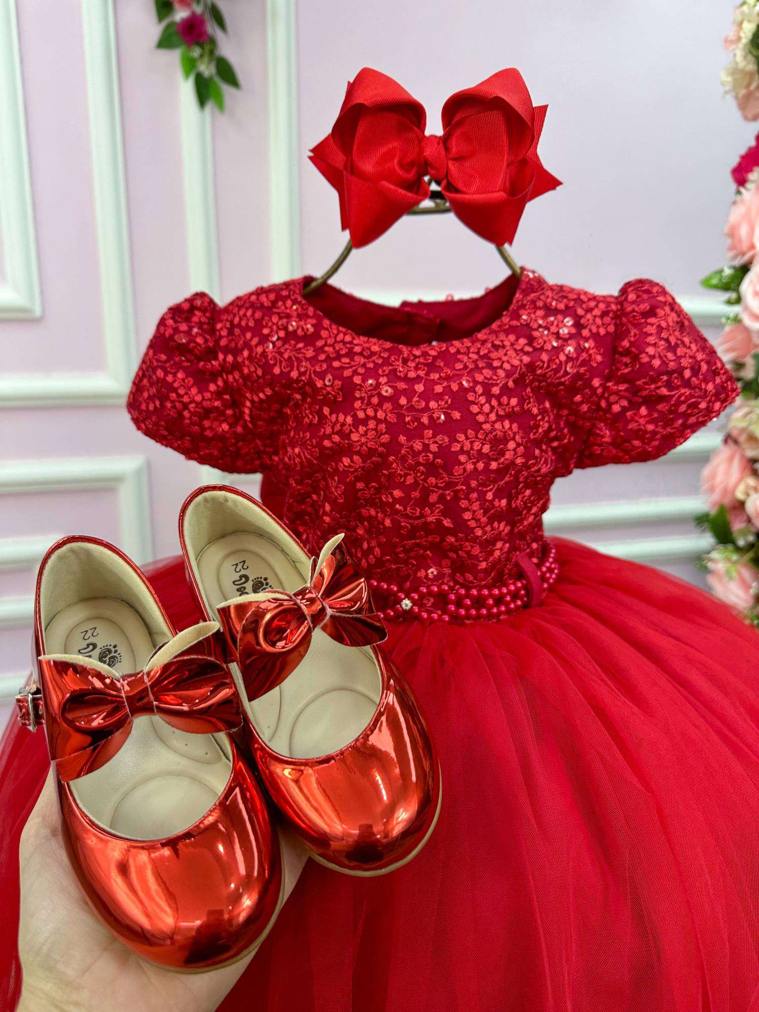Vestido Menina Bonita Vermelho Peito Rendado Florzinha