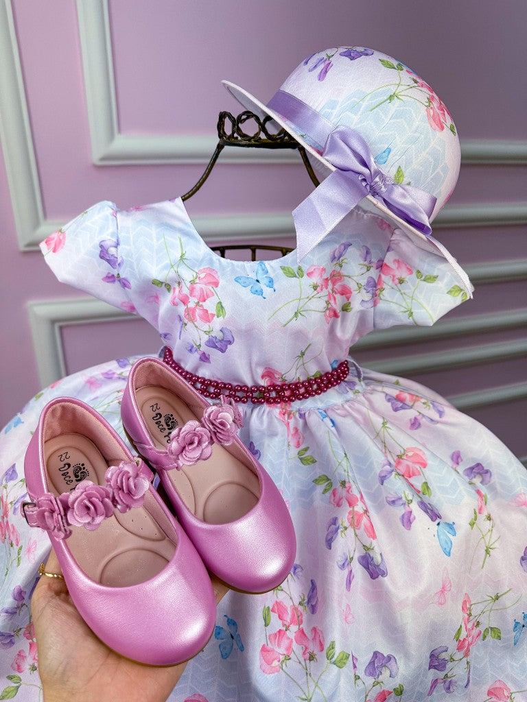 Vestido Miss Cherry Chapeu Lilas Flores e Borboletas - Leveza e Elegância para Meninas | Bebeloo Kids