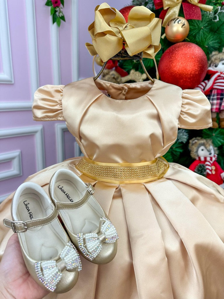 Vestido Miss Sweet Dourado Cinto Brilho - Detalhe que Faz a Diferença | Bebeloo Kids