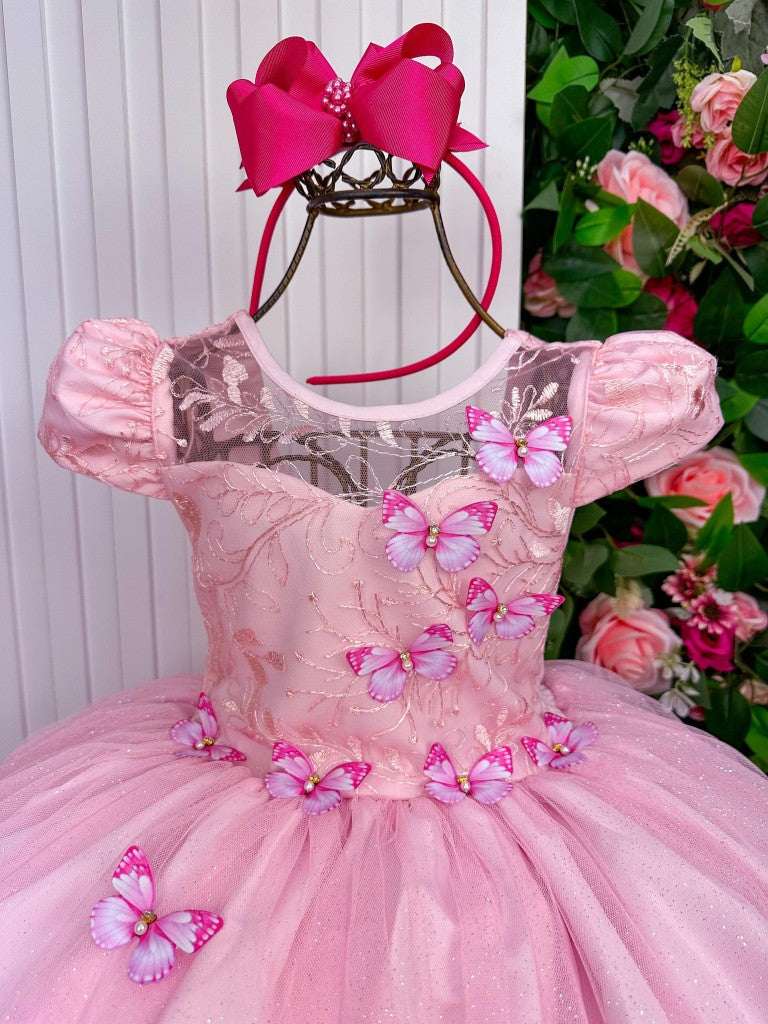 Vestido Vila Lele Longo Jardim Encantado Borboletas Rosa Bebe