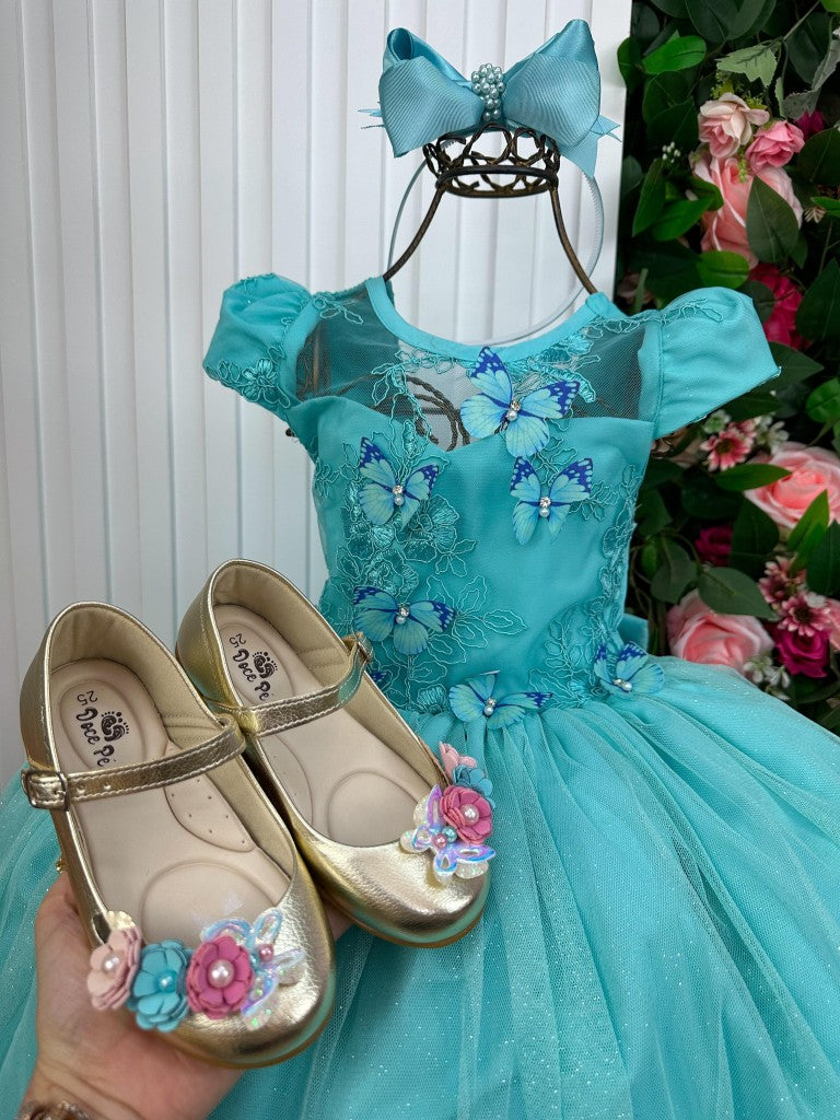 Vestido Vila Lele Longo Jardim Encantado Borboletas Verde Tiffany - Leveza e Elegância para Meninas | Bebeloo Kids