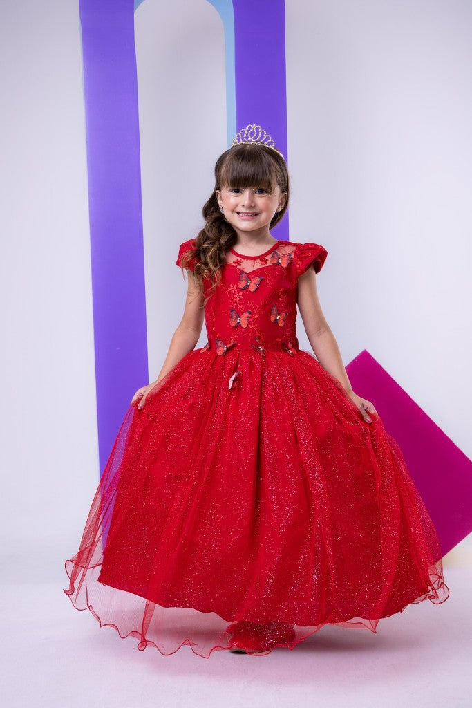 Vestido Vila Lele Longo Jardim Encantado Borboletas Vermelho - Leveza e Elegância para Meninas | Bebeloo Kids