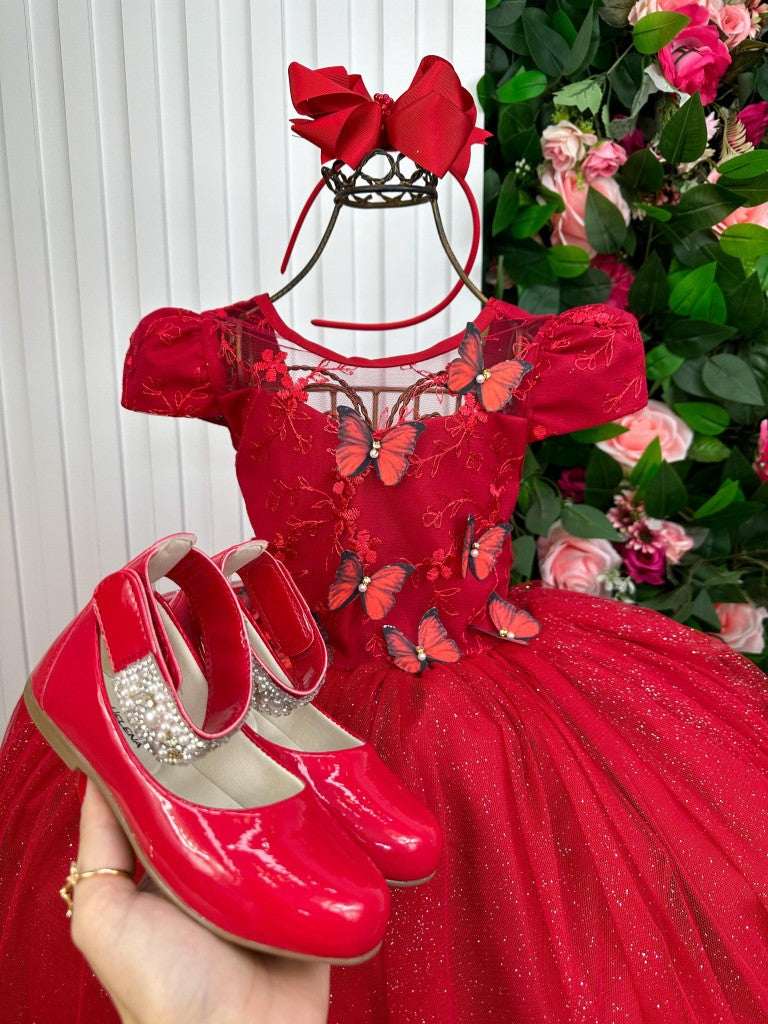 Vestido Vila Lele Longo Jardim Encantado Borboletas Vermelho