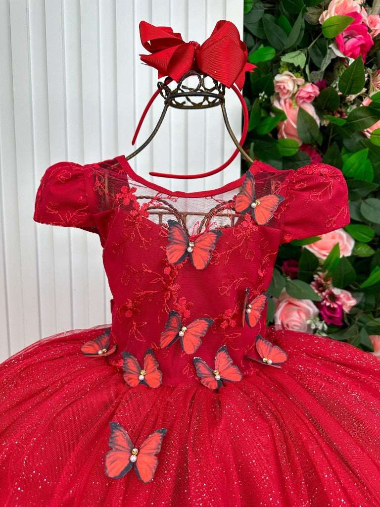 Vestido Vila Lele Longo Jardim Encantado Borboletas Vermelho