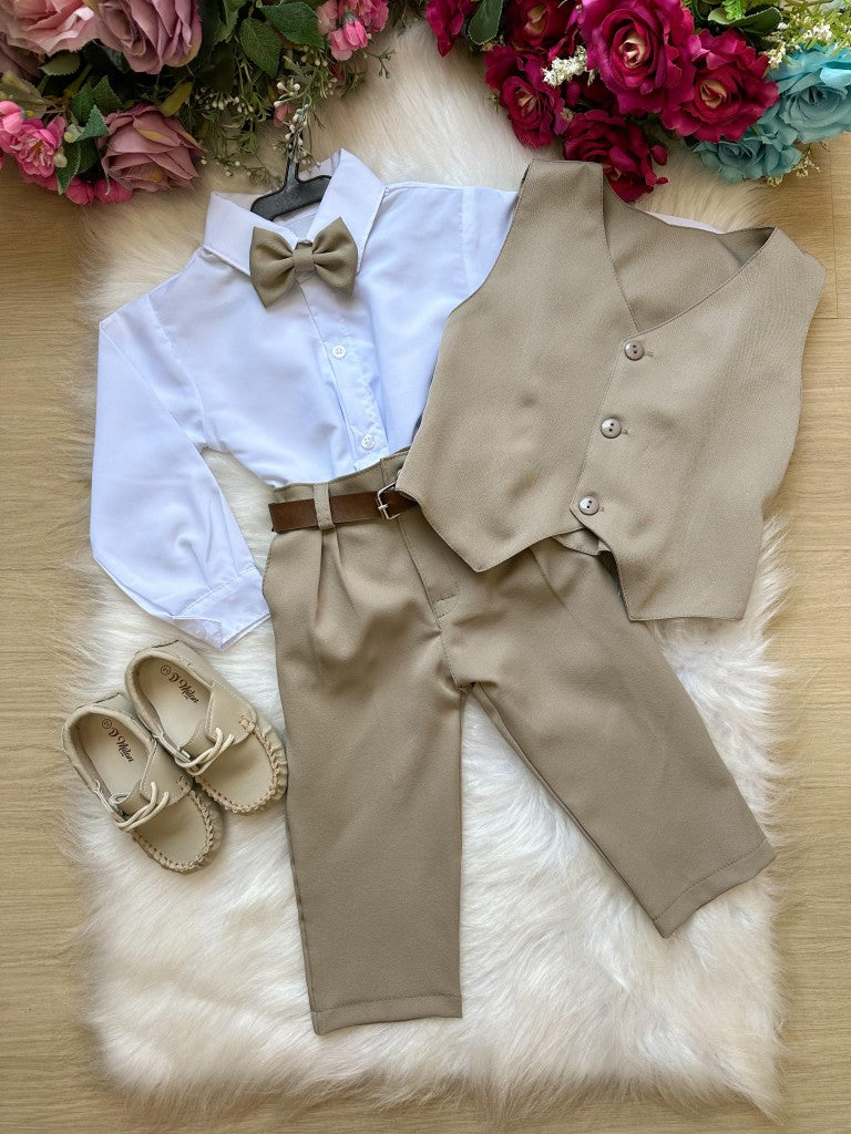 Conjunto Miss Cherry Social Leonardo Colete Bege - Marrom - Estilo Delicado para o Dia a Dia | Bebeloo Kids