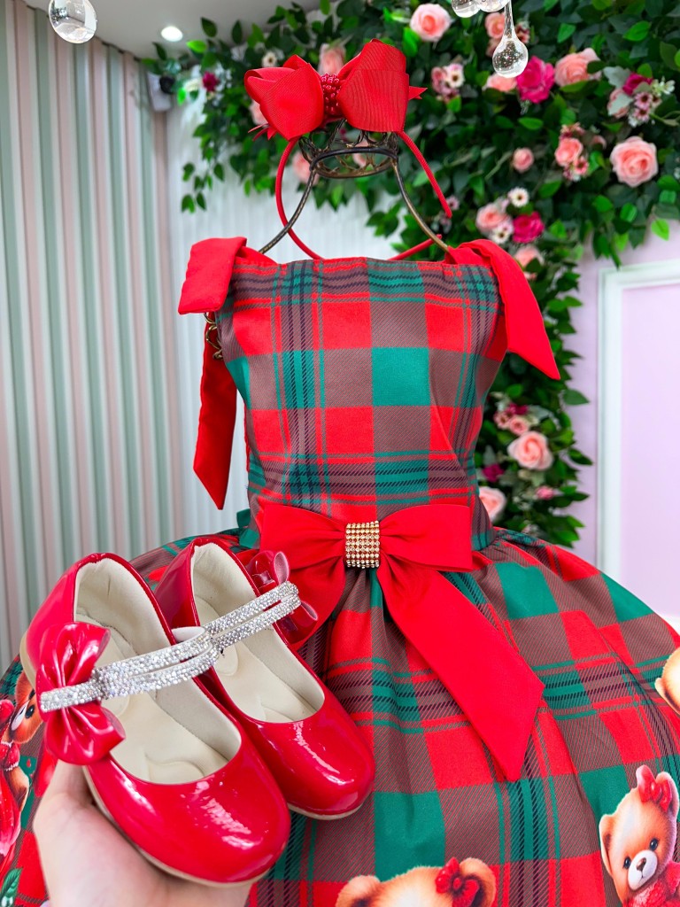 Vestido Marie Madeline Ursinho Xadrez Vermelho - Natal - Leveza e Elegância para Meninas | Bebeloo Kids