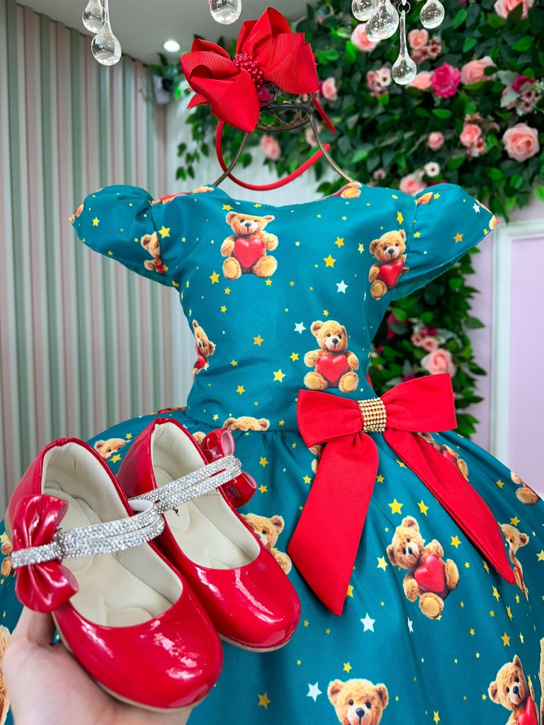 Vestido Marie Milena Ursinhos Verde - Natal - Leveza e Elegância para Meninas | Bebeloo Kids
