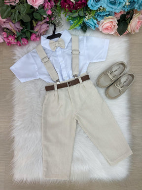 Conjunto Miss Cherry Suspensorio Luiz Linho Bege - Estilo Delicado para o Dia a Dia | Bebeloo Kids
