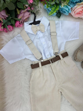 Conjunto Miss Cherry Suspensorio Luiz Linho Bege - Estilo Delicado para o Dia a Dia | Bebeloo Kids