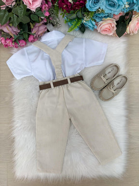 Conjunto Miss Cherry Suspensorio Luiz Linho Bege - Estilo Delicado para o Dia a Dia | Bebeloo Kids