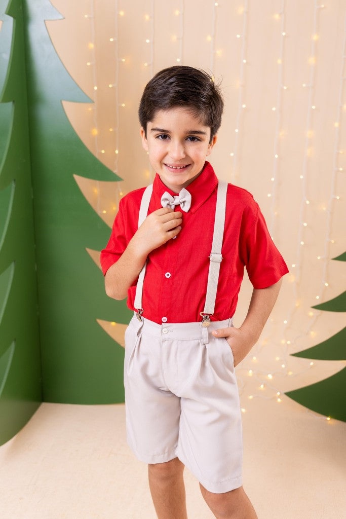 Conjunto Miss Cherry Henry Vermelho Suspensorio Bege - Estilo Delicado para o Dia a Dia | Bebeloo Kids