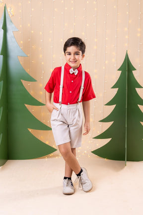 Conjunto Miss Cherry Henry Vermelho Suspensorio Bege - Estilo Delicado para o Dia a Dia | Bebeloo Kids