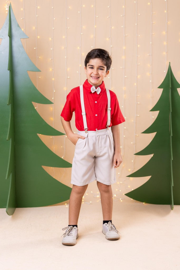 Conjunto Miss Cherry Henry Vermelho Suspensorio Bege - Estilo Delicado para o Dia a Dia | Bebeloo Kids