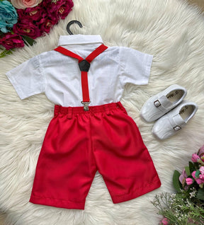 Conjunto Miss Cherry Henry Camisa Branca Suspensório Vermelho Modelo 2 - Estilo Social para os Pequenos | Bebeloo Kids