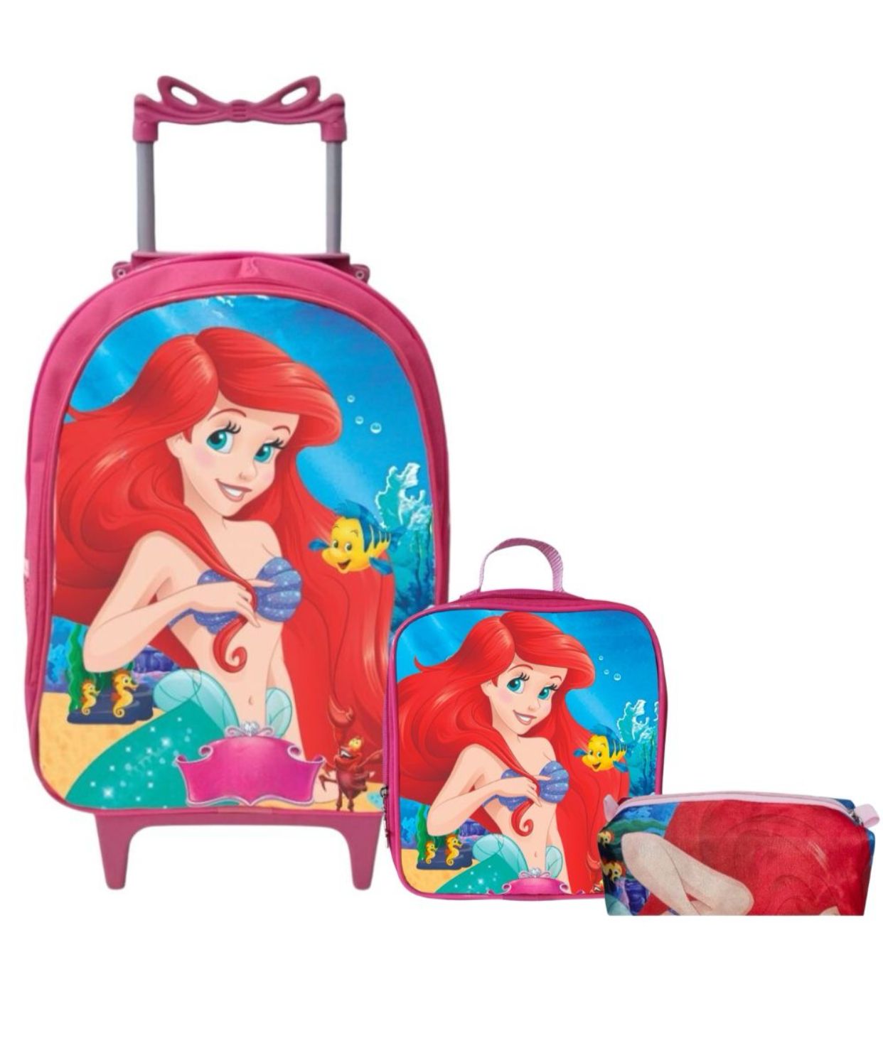 Kit Mochila Rodinhas + Lancheira + Estojo A Pequena Sereia Ariel - Praticidade e Charme para o Dia a Dia | Bebeloo Kids