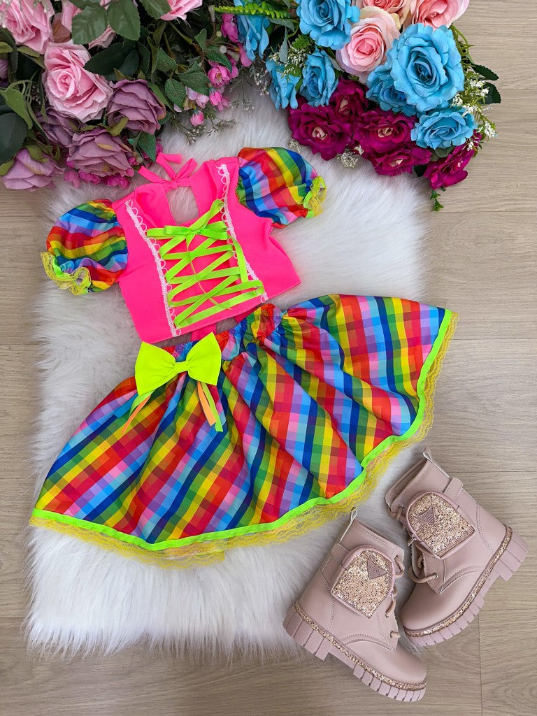 Conjunto Junino Banana Club Luxo Manu Rosa Neon - Estilo Delicado para o Dia a Dia | Bebeloo Kids