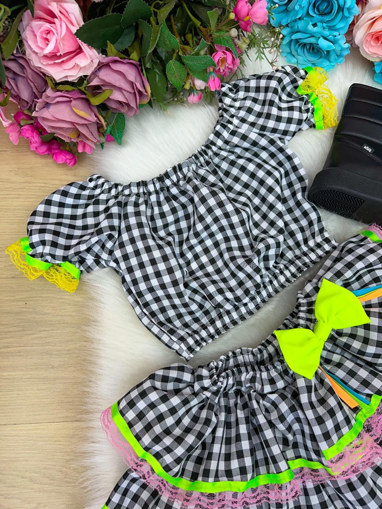 Conjunto Junino Banana Club Luxo Sofia Xadrez Preto - Estilo Delicado para o Dia a Dia | Bebeloo Kids