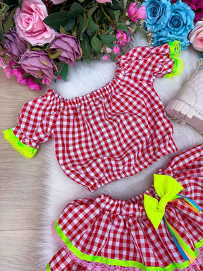 Conjunto Junino Banana Club Luxo Sofia Xadrez Vermelho - Estilo Delicado para o Dia a Dia | Bebeloo Kids