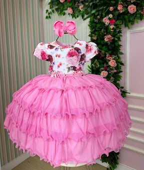 Vestido Menina Bonita Gisele Peito Florido Rosa Chiclete - Leveza e Elegância para Meninas | Bebeloo Kids