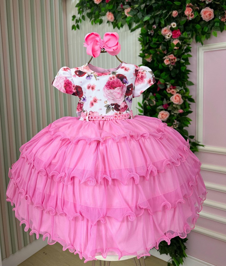Vestido Menina Bonita Gisele Peito Florido Rosa Chiclete - Leveza e Elegância para Meninas | Bebeloo Kids