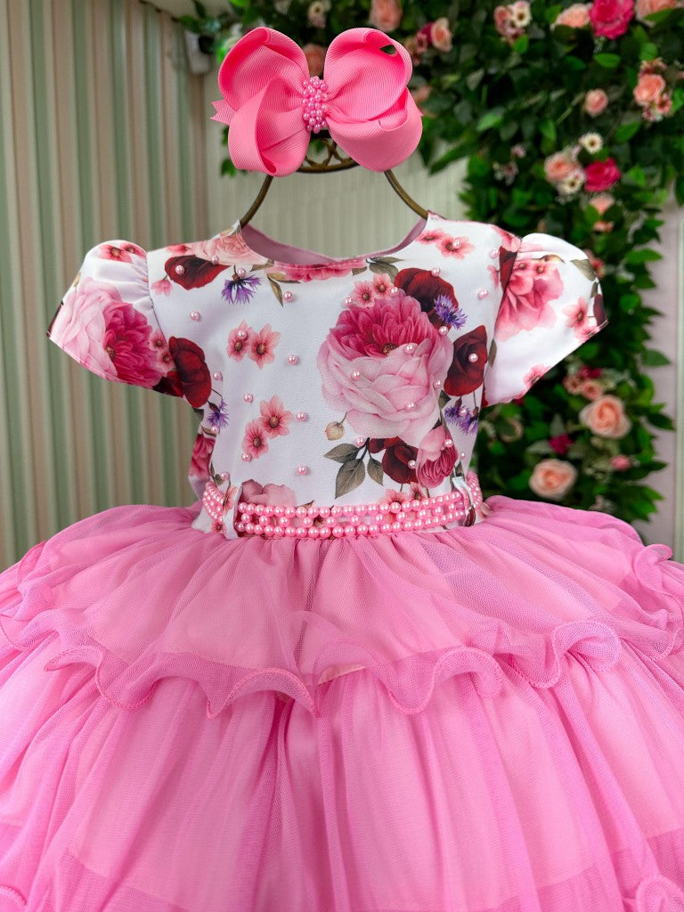 Vestido Menina Bonita Gisele Peito Florido Rosa Chiclete - Leveza e Elegância para Meninas | Bebeloo Kids