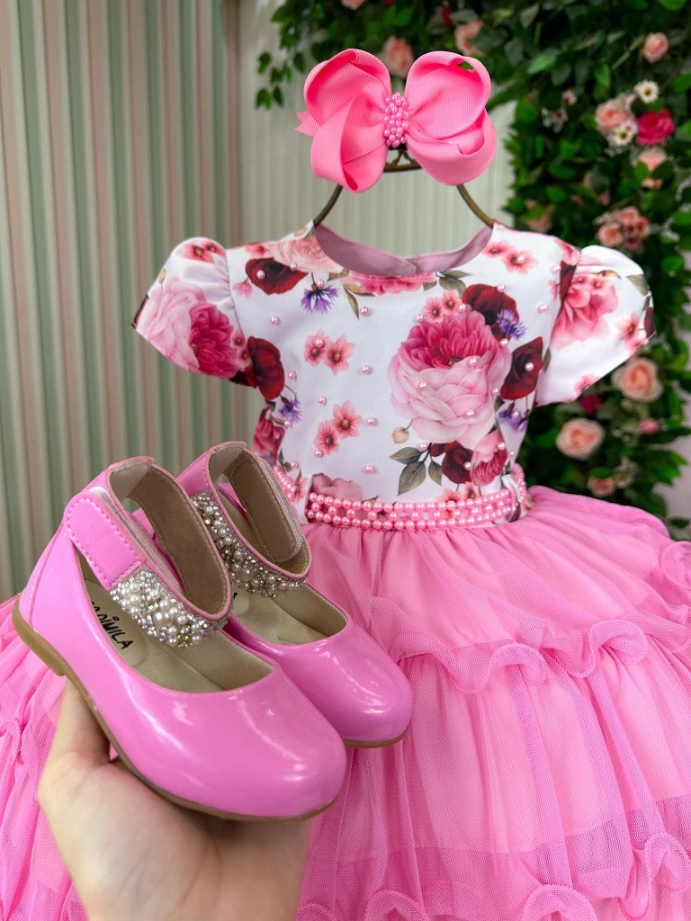 Vestido Menina Bonita Gisele Peito Florido Rosa Chiclete - Leveza e Elegância para Meninas | Bebeloo Kids