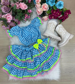 Conjunto Junino Banana Club Luxo Sofia Xadrez Azul - Estilo Delicado para o Dia a Dia | Bebeloo Kids