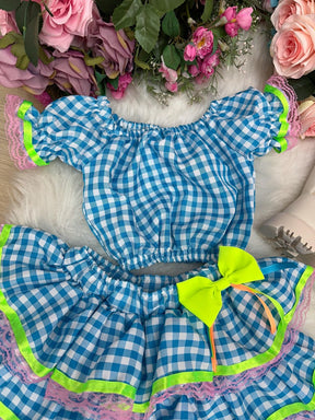Conjunto Junino Banana Club Luxo Sofia Xadrez Azul - Estilo Delicado para o Dia a Dia | Bebeloo Kids