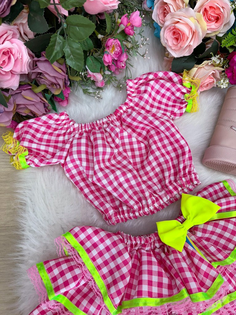 Conjunto Junino Banana Club Luxo Sofia Xadrez Rosa - Estilo Delicado para o Dia a Dia | Bebeloo Kids