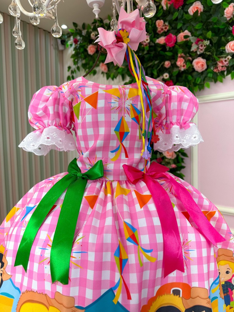 Vestido Marie Junino Luxo Arraia Do Sorriso Rosa - Leveza e Elegância para Meninas | Bebeloo Kids