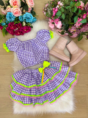 Conjunto Junino Banana Club Luxo Sofia Xadrez Lilas - Estilo Delicado para o Dia a Dia | Bebeloo Kids