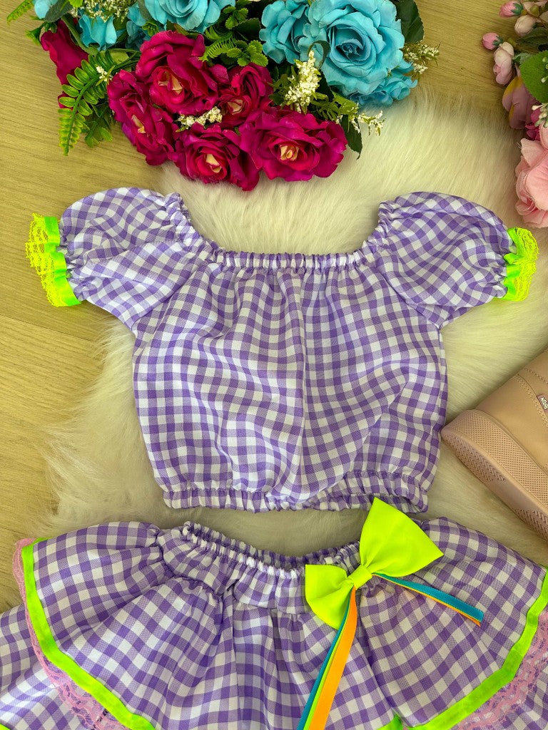 Conjunto Junino Banana Club Luxo Sofia Xadrez Lilas - Estilo Delicado para o Dia a Dia | Bebeloo Kids