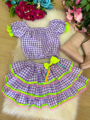 Conjunto Junino Banana Club Luxo Sofia Xadrez Lilas - Estilo Delicado para o Dia a Dia | Bebeloo Kids