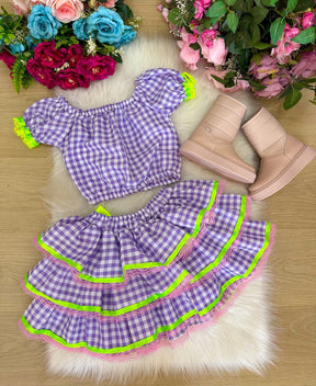 Conjunto Junino Banana Club Luxo Sofia Xadrez Lilas - Estilo Delicado para o Dia a Dia | Bebeloo Kids