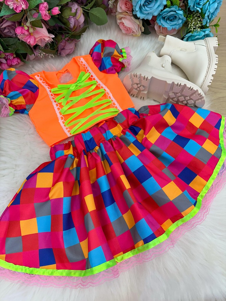 Conjunto Junino Banana Club Luxo Manu Laranja Neon - Estilo Delicado para o Dia a Dia | Bebeloo Kids